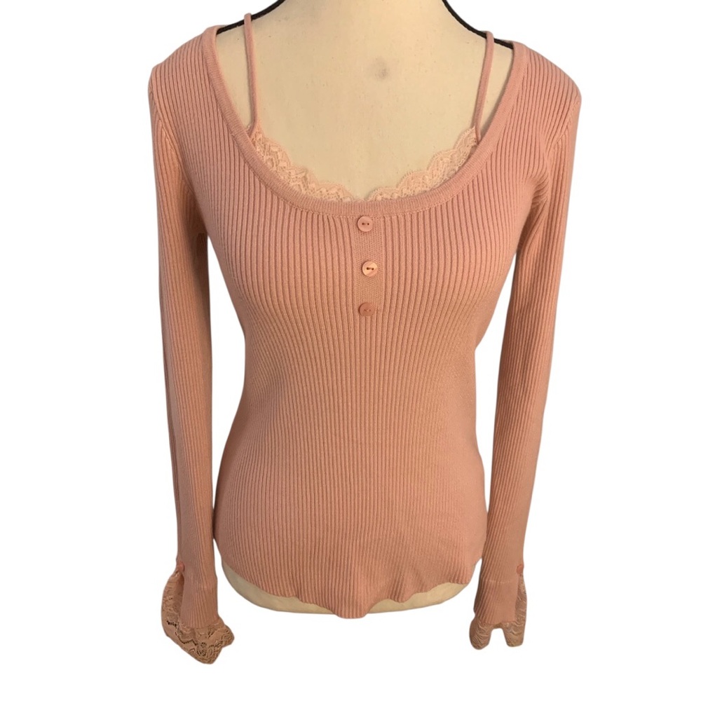 NEW* Sweet Rain Ribbed Scoop-Neck Lace-Trim Long Sleeve Top - Dusty Rose